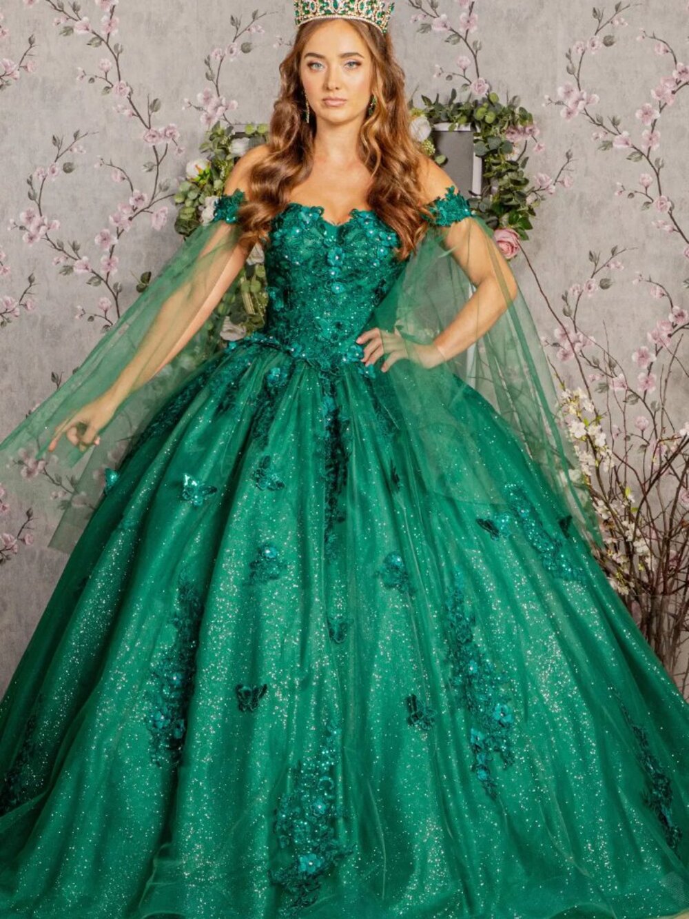 NEW HUNTER GREEN Mesh & Glitter Evening Gown Floor Length GL3181